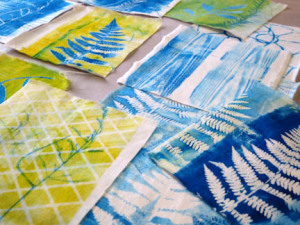 Monotype printmaking on fabric on the gel plate