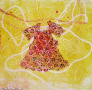 Gelatin plate monotype print on fabric - with a bubble wrap dress stencil