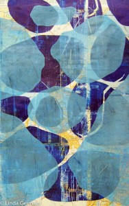 Gel monotype print on map page with mylar stencils