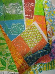 soft plate relief prints on fabric by linda germain