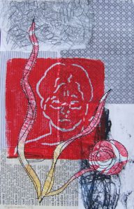 Sewn collage monotype print with relief printing Linda Germain