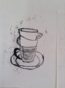 Trace Monoprint of tea cups by linda germain
