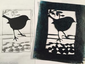 bird design and tyvek stencil for gelatin printmaking